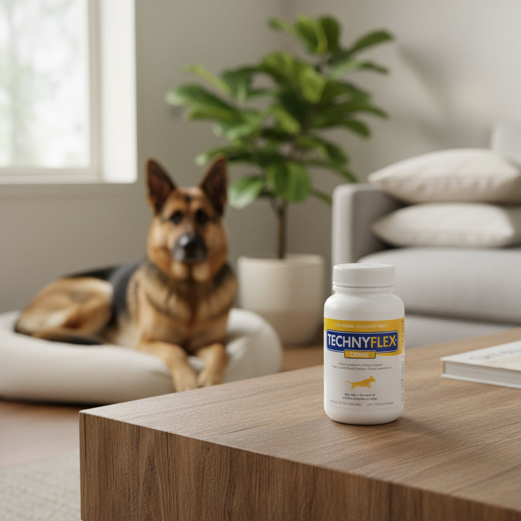 Bottle of Technyflex Canine supplement on a beige background