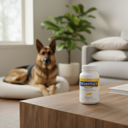 Bottle of Technyflex Canine supplement on a beige background